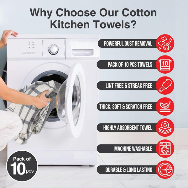 Pack of 10 & 5 Terry Toweling 100% Cotton Dish Cloths Catering Bar Towel Super Absorbent Lint Free Quick Dry Heavy Duty Soft Kitchen Tea Towels Dishcloths for Washing Up Scrubbing Machine Washable Extra Large 70 X 40 Cm (Black/ Blue/red Multicolor Check P