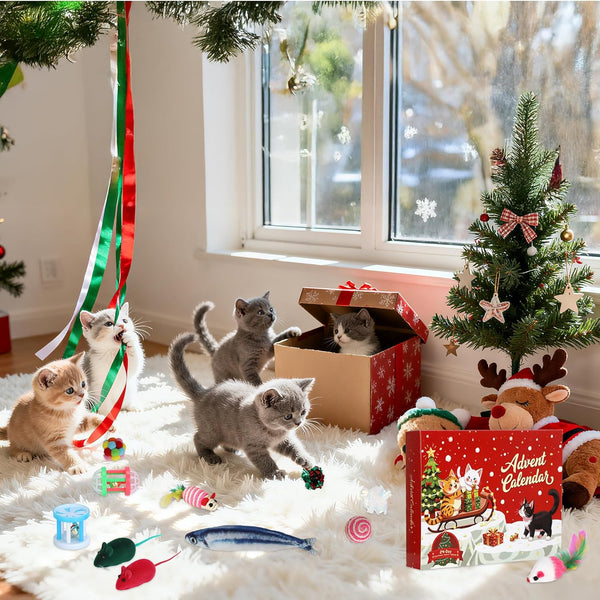 Cat Advent Calendar 2025, 24 Day Countdown to Christmas Cat Gifts with 24Pcs Assorted Cat Interactive Toys Countdown Calendar for Kitten Flurry Friends
