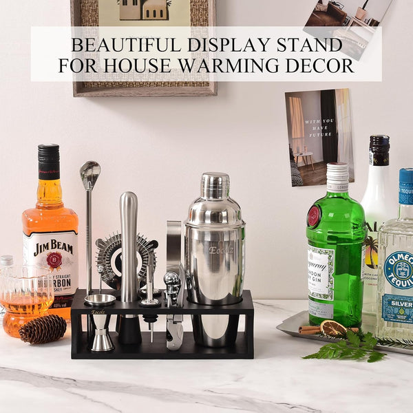 Cocktail Making Set, Cocktail Shaker Set 750Ml Stainless Steel Bar Tool Set Bartender Kit with Bamboo Display Stand for Home & Bar (Black Silver - 17PCS)