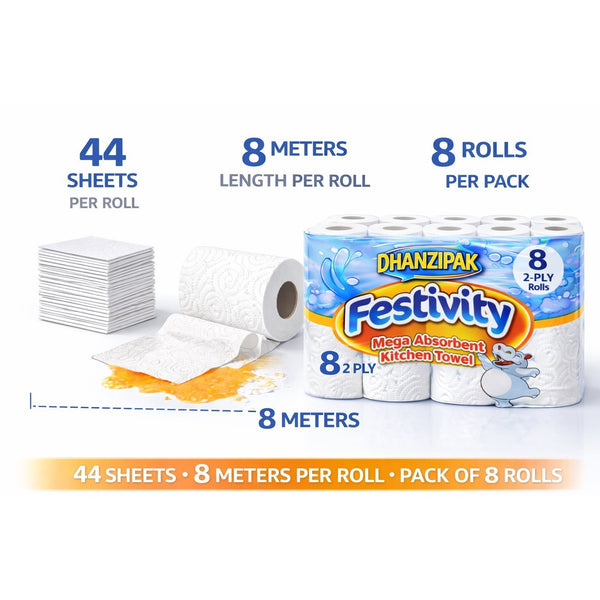 DHANZIPAK Kitchen Roll – 8 Pack, 2-Ply Mega Absorbent Paper Towels, 44 Sheets Per Roll, 8m Length Each