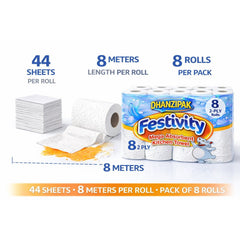 DHANZIPAK Kitchen Roll – 8 Pack, 2-Ply Mega Absorbent Paper Towels, 44 Sheets Per Roll, 8m Length Each