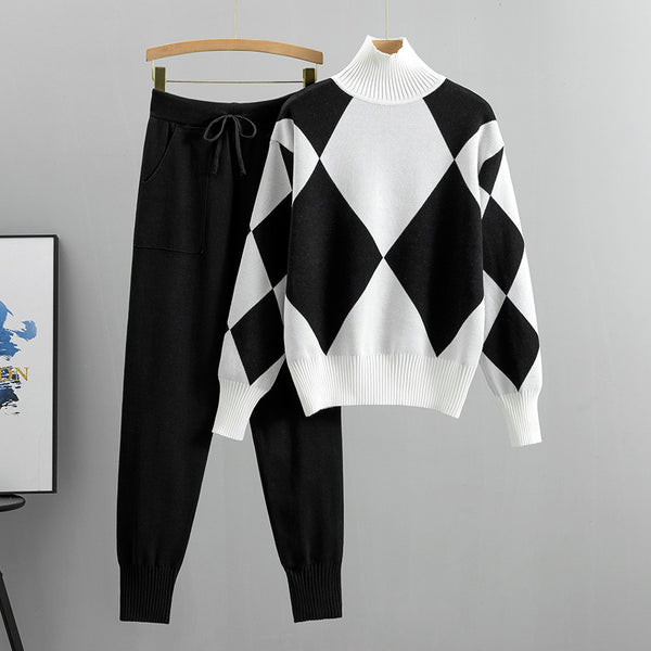 Women'S New Arrival Autumn/ Winter 2024 Casual Check Pattern Sweater Set - Style Trendy Two-Piece Outfit, Long Sleeve, Square Neck, Color Block, Drawstring, Pants, Casual Wear|Check Pattern Top|Drawstring Pants, Sweater Set