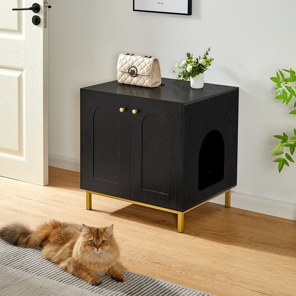 Feline Storage Unit, Cat Waste Container, Feline Waste Storage, Pet Shelter with Entrance, Wooden Side Table for Pet Shelter, 50 X 60 X 61 Cm, Durable Feline Storage Unit, Black And Golden