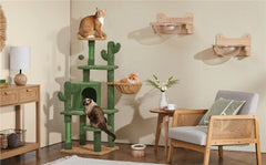 Costoffs Cat Tree, 135cm Height Cat Cactus Tree, Condo Kitten Tree Tower, Cat Furniture with Natural Sisal, Cat Tower with Padded Perch, Platform, Condo, Scratching Posts & Hanging Ball, Cat Furniture for Kittens, Green/Brown