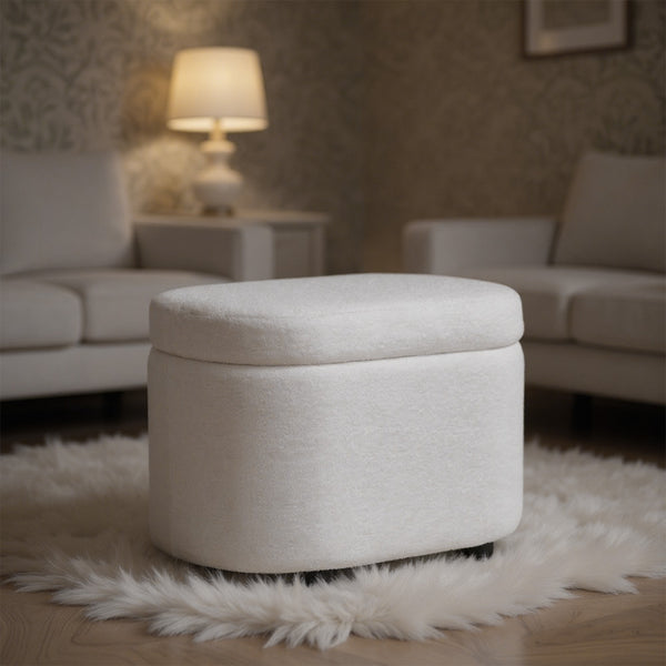 1pc Plush Teddy Round Upholstered Storage Ottoman Stool - 60x40x45cm Lidded Footrest with Hidden Storage Space | Multi-Functional Shoe Changing Bench for Living Room, Bedroom & Entryway | 3cm Black Plastic Legs (Green/White)