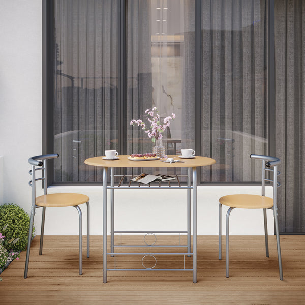 Costoffs 3 Piece Dining Table Set Modern Kitchen Table Set Space Saving Table and 2 Chairs Set with Steel Legs/Storage Rack for Kitchens/Balconies/Bedrooms/Apartments/Cafés, Natural/Drift Brown/White
