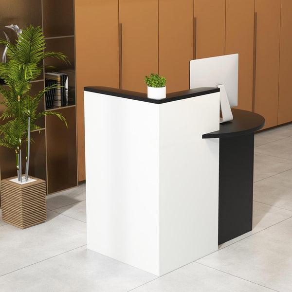 COSTWAY Modern Black Reception Desk with Lockable Drawer & Adjustable Shelf - Heavy-Duty Engineered Wood & MDF Construction, Spacious Oval Desktop (89.92cm x 69.85cm), 2-Tier Open Shelves & 3-Position Adjustable Shelving for Office, Reception  or Home - E
