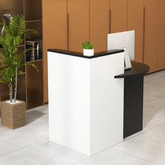 COSTWAY Modern Black Reception Desk with Lockable Drawer & Adjustable Shelf - Heavy-Duty Engineered Wood & MDF Construction, Spacious Oval Desktop (89.92cm x 69.85cm), 2-Tier Open Shelves & 3-Position Adjustable Shelving for Office, Reception  or Home - E