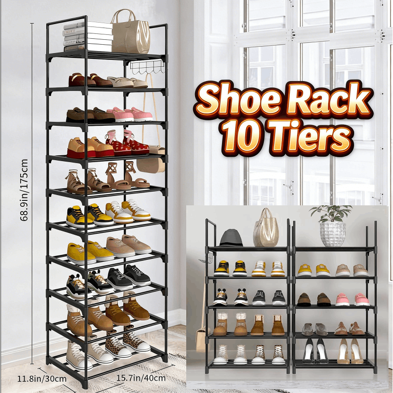 Shoe Rack 10 Tiers Shoe Storage Organiser, Sturdy Space-saving Shelf Tall Shoe Racks, Up to 20-25 Pairs Narrow Shoes Rack Stand for Dress Bedroom, Bathroom, Hallway, Outdoor, 30D x 40W x 175H cm,Black