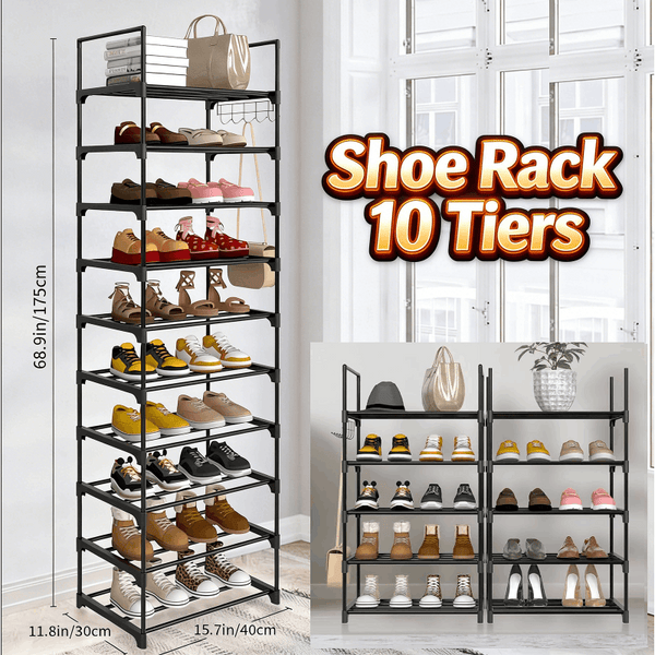 Shoe Rack 10 Tiers Shoe Storage Organiser, Sturdy Space-saving Shelf Tall Shoe Racks, Up to 20-25 Pairs Narrow Shoes Rack Stand for Dress Bedroom, Bathroom, Hallway, Outdoor, 30D x 40W x 175H cm,Black