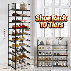 Shoe Rack 10 Tiers Shoe Storage Organiser, Sturdy Space-saving Shelf Tall Shoe Racks, Up to 20-25 Pairs Narrow Shoes Rack Stand for Dress Bedroom, Bathroom, Hallway, Outdoor, 30D x 40W x 175H cm,Black