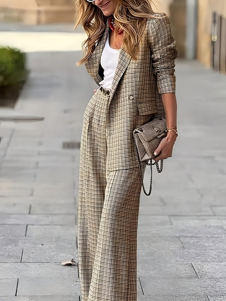 New Women'S Product: Lined Plaid Suit Jacket Top + Plaid Wide-Leg Pants Suit, Fashionable And Elegant for Commuting, Going Out, Professional Office, Street Style, Airport Daily Wear Suit Two-Piece Set, Suitable for Spring And Autumn Wear