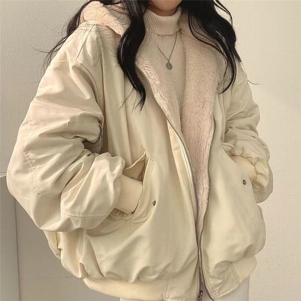 Women's Winter Double-Sided Plush Padded Jacket with Hood & Pockets - Thickened Lamb Outer Coat, Zipper Closure, Solid Color Casual Sweater for Cold Weather (No elastic fabric)