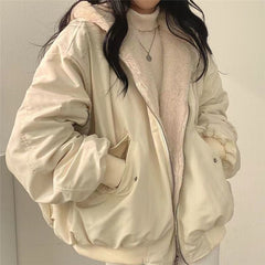 Women's Winter Double-Sided Plush Padded Jacket with Hood & Pockets - Thickened Lamb Outer Coat, Zipper Closure, Solid Color Casual Sweater for Cold Weather (No elastic fabric)