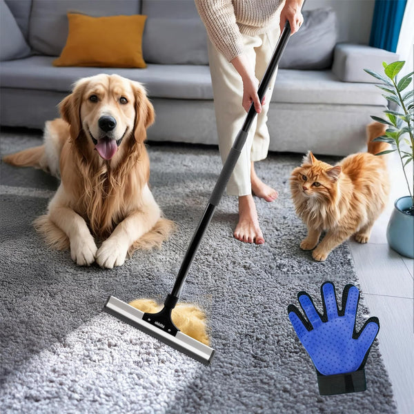 Carpet Rake for Pet Hair Removal – Scraper Tool & Broom for Dog & Cat Fur - Pet Hair Broom for Rugs, Furniture – Adjustable Carpet Brush by Okköbi