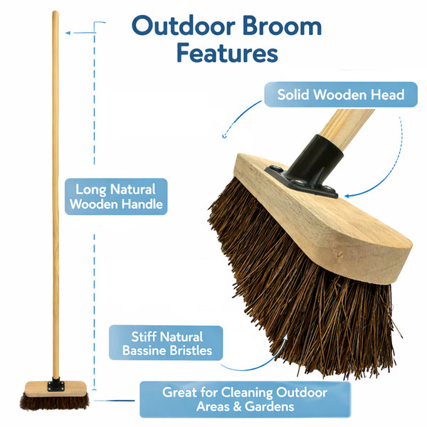 10' Outdoor Yard Broom Stiff Bristle Sweeping Brush with Strong Wooden Handle and Support Bracket for Cleaning Patio Driveway Garden and Yard Areas