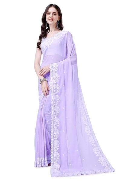 Estationeryhouse Women's Georgette Embroidery Border Work Designer Saree with Blouse Piece