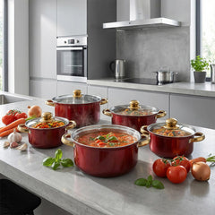 10PCS Multifunctional Stainless Steel Soup Pot Set, Milk Pot for Daily Kitchen Cooking, Hot Pot and Instant Noodles, Sturdy Gold-Plated Handles, Red