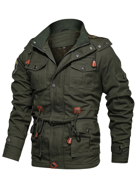 2025 New Winter Casual Multi-Pocket Workwear Hooded Men's Jacket with Lining, Mid-Length with Detachable Hood