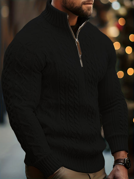 Men's Sweater, Half-high Collar Zip-up Cable Knit Sweater, with Adjustable Collar Opening, Crafted Using Classic Cable Knit Technique, Simple and Versatile, Suitable for Casual Daily Wear, Presenting a Mature and Stable Fashion Style, Ideal for