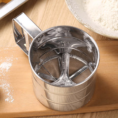 Heavy-Duty Stainless Steel Sieve Cup Sifter with Fine Mesh - Non-Stick Baking Strainer, Easy-Grip Handle for Flour, Cocoa, Sugar, Spices - Ideal for Home & Professional Kitchens - Durable Kitchen Tool, Modern Kitchenware, Shiny Metallic Finish