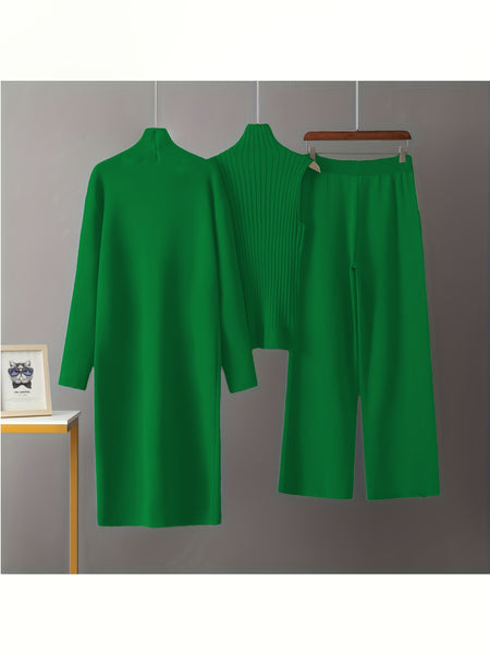 2025 newest suit high elasticity Women's loose suit, long wide-legged pants + shawl cardigan + turtleneck sweater fashion three-piece set Can be worn up to 70kg Suitable for female