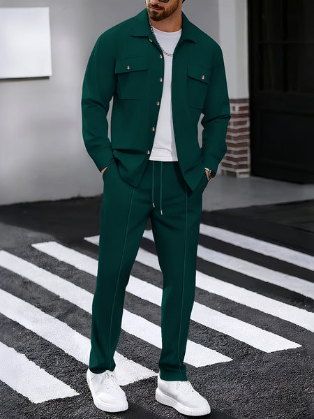 Men's Two-Piece Set, Autumn-Winter Casual Fashion Beach Dual Pocket Turn Collar Long Sleeve Shirt + Trousers Outfit for Fall/Winter Hawaiian Vacation