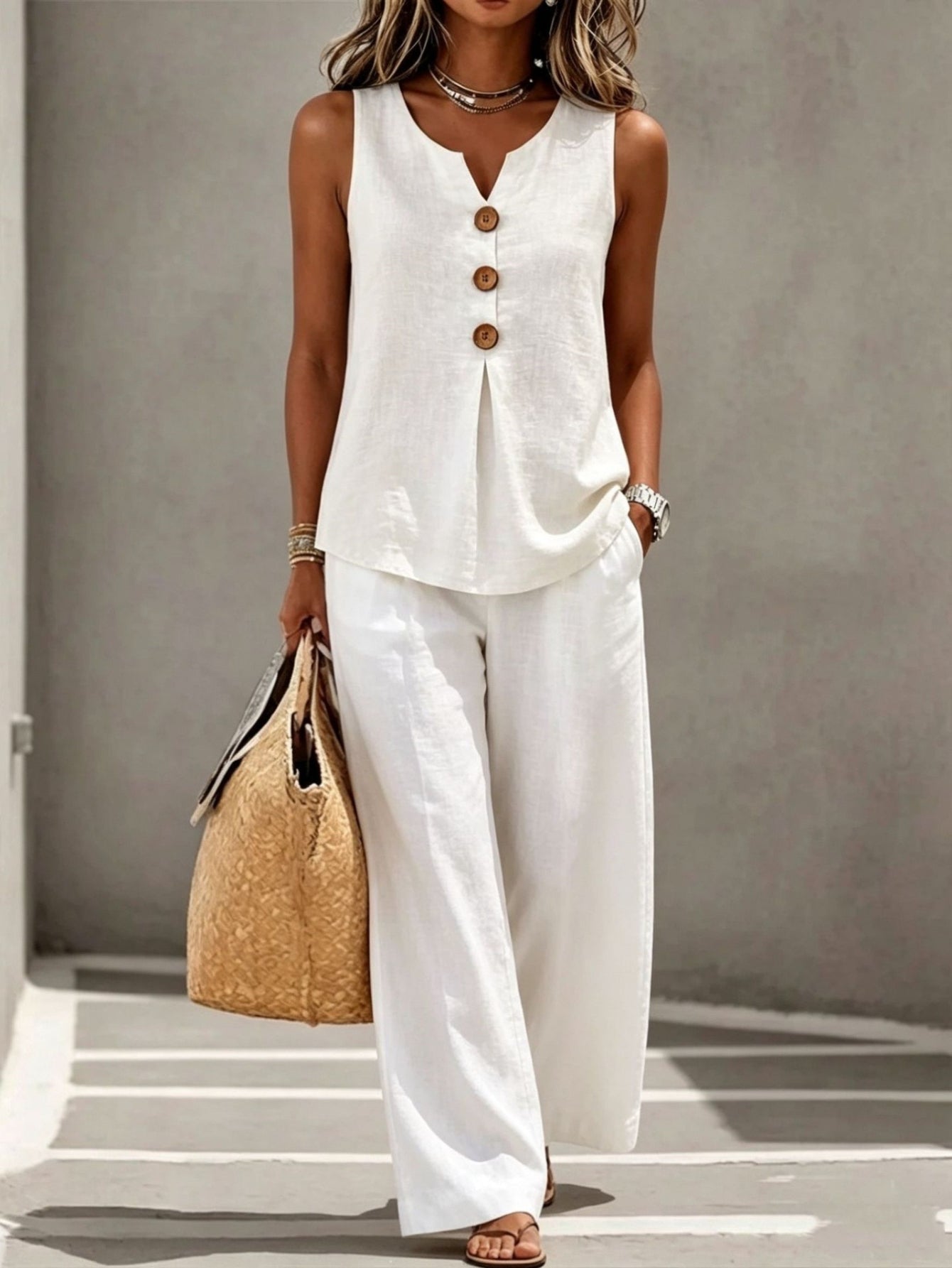 Spring Summer Women's Matching 2pcs Sets, V-Neck Sleeveless Button Top & Flowy Wide Leg Pants, Casual Resort Style Loungewear, Perfect for Summer Holiday, Staycation & Casual Outings, Holiday Essential