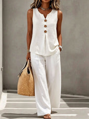 Spring Summer Women's Matching 2pcs Sets, V-Neck Sleeveless Button Top & Flowy Wide Leg Pants, Casual Resort Style Loungewear, Perfect for Summer Holiday, Staycation & Casual Outings, Holiday Essential
