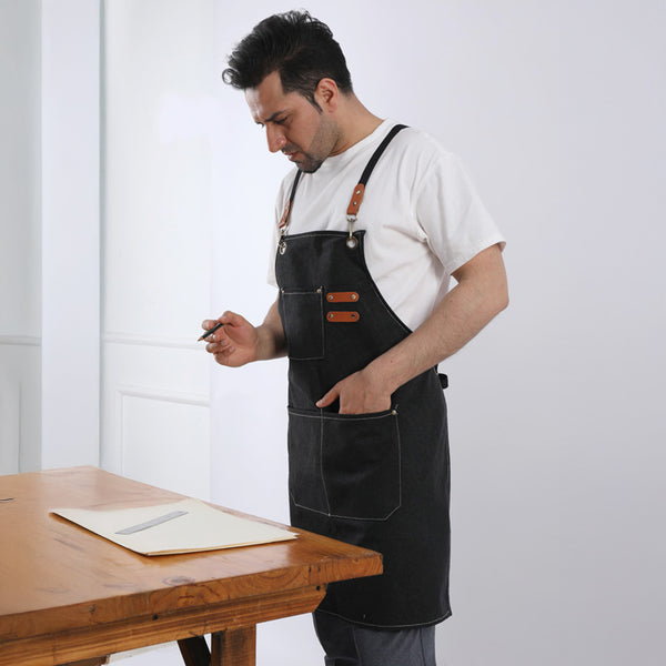 1pc Unisex Canvas-Polyester Blend Apron Durable Sturdy Construction, Adjustable Back Strap, Multiple Pockets for Enhanced Functionality | Khaki & Black Culinary Attire | Ideal for Kitchen Cooking/Baking/Grilling, Artist Painting, Coffee Bar, Servers; Perf