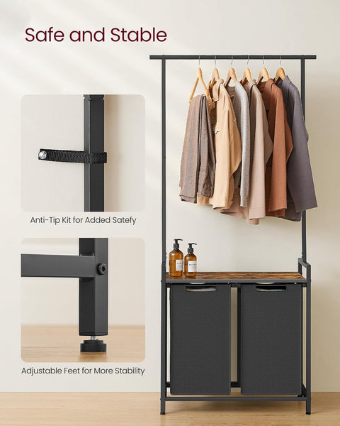 VASAGLE Laundry Basket, Laundry Hamper with 4 Pull-Out and Removable Laundry Bags, 2 Shelves, 4 X 40 L, for Laundry Room, Rustic Brown and Black BLH214B01