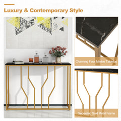 GYMAX Gold Console Table, 110 cm Modern White Entryway Table with Faux Marble Tabletop, Geometric Metal Frame, Narrow Behind Sofa Table Foyer Table for Living Room, Hallway, Entrance, Black