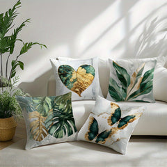 4pcs Green & Golden Leaf & Butterfly Print Cushion Covers