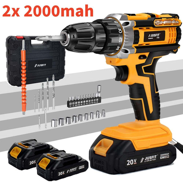 Cordless Combi Hammer Impact Drill Driver Electric Screwdriver & 2 Battery Electric Screwdriver Set 25+3 Clutch, Handheld Cordless Hammer Drill, 29 PCS Drill Bits, LED Light for Home and Garden DIY Project