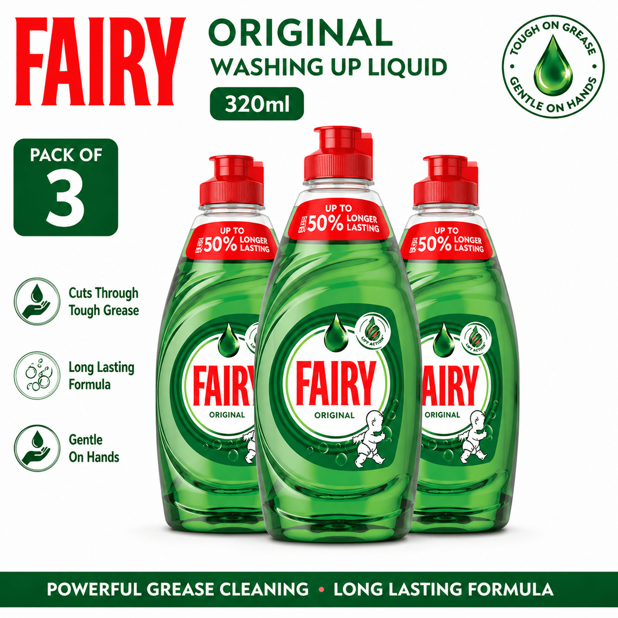 Fairy Original Washing Up Liquid 320ml – Powerful Grease Removal, Long Lasting Dish Soap £1.29 Priced mark