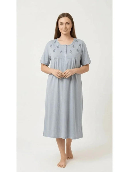 Women'S Nightdress Soft Comfortable Short Sleeve Nightie Button Front Embroidered Sleep Dress Loose Fit Midi Lounge Nightwear House Dress S-XXL