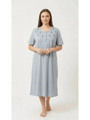 Women'S Nightdress Soft Comfortable Short Sleeve Nightie Button Front Embroidered Sleep Dress Loose Fit Midi Lounge Nightwear House Dress S-XXL