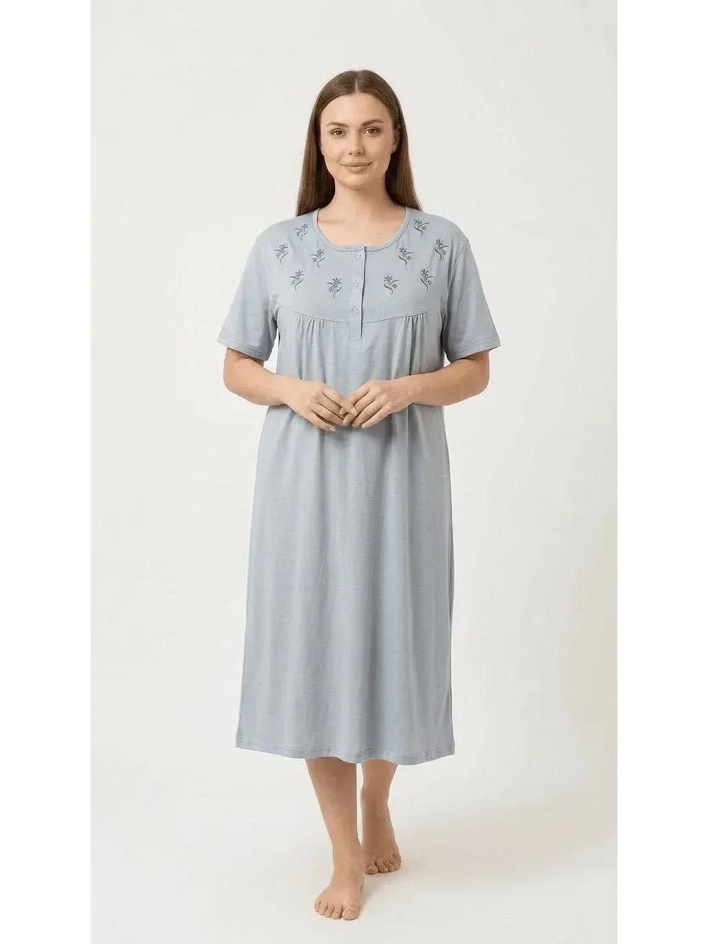 Women'S Nightdress Soft Comfortable Short Sleeve Nightie Button Front Embroidered Sleep Dress Loose Fit Midi Lounge Nightwear House Dress S-XXL