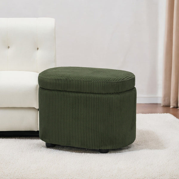 1pc Plush Teddy Round Upholstered Storage Ottoman Stool - 60x40x45cm Lidded Footrest with Hidden Storage Space | Multi-Functional Shoe Changing Bench for Living Room, Bedroom & Entryway | 3cm Black Plastic Legs (Green/White)