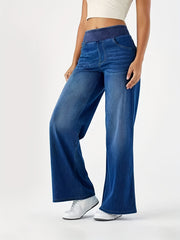 Women's High-Waisted Stretch Wide-Leg Jeans - Elastic Waist Denim Pants with Water-Washed Texture