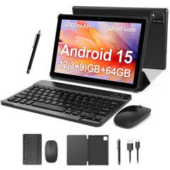 New 10.1-inch Android 15 Tablet With Multiple Options (tablet With Leather Case/tablet With Keyboard Set) 12 (3+9) GB RAM, 64GB ROM, Quad Core Processor, 2.0MP+8.0MP Camera, 6000mAh Battery, Suitable For Daily Use, Study And Office, Pad