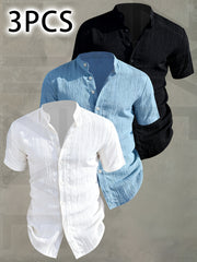 [Pearson OBM] 3pcs Men'S Summer Short Sleeve Shirt - Lightweight Breathable Solid Color Button-Up Casual Shirt with Stand Collar, Machine Washable for Beach Vacation, Pool Party And Casual Attire, Beach Shirt, Perfect for Gifting