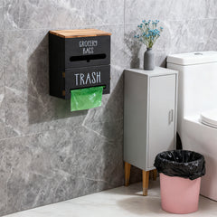 White/Black Two-Tier Wooden Trash Bag Storage Box Trash Bag Holder, Kitchen Plastic Wrap & Bag Organizer with Lid, Large Capacity Hanging Storage Container, Household Storage Accessories