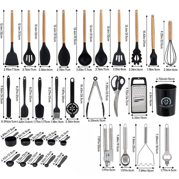 33PCS Non-Stick Kitchen Utensil Set, Silicone Cooking Tools with Wooden Handles, Light Khaki/Black, Cooking Tools and Accessories, Holiday Birthday Gift