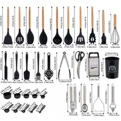 33PCS Non-Stick Kitchen Utensil Set, Silicone Cooking Tools with Wooden Handles, Light Khaki/Black, Cooking Tools and Accessories, Holiday Birthday Gift