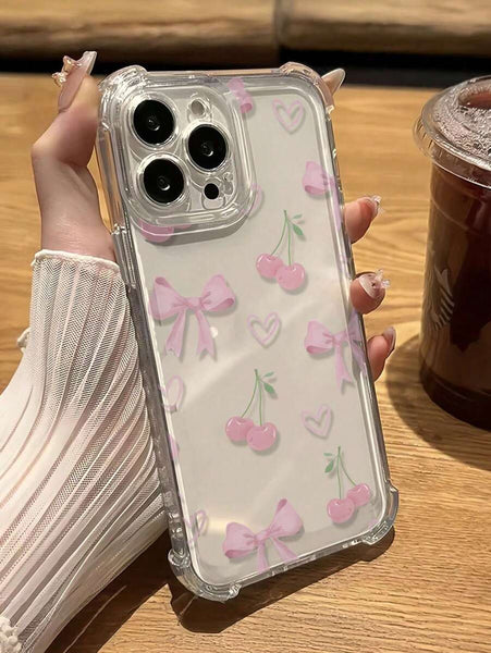Phone Case: Girly Pink Cherry Bow Shockproof Anti-Slip Transparent Phone Case, for iPhone 17 Promax/Pro/ Air, 16 Plus, 15, 14 Pro Max, 13, 12, 11.wonderful Gift for Friends, Boys, Girls or Family.