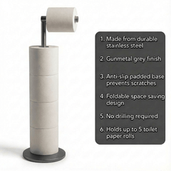 ZISH Toilet Roll Holder Free Standing - Stainless Steel Bathroom Toilet Paper Organizer and Dispenser - No Drill Toilet Roll Stand Freestanding - Up to 5 Toilet Roll Storage