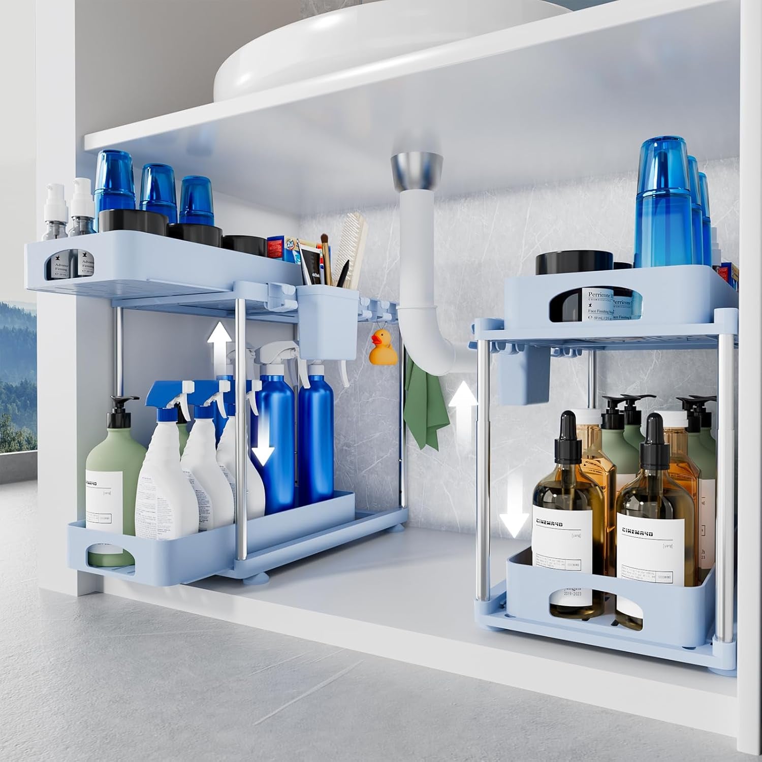 VERIFOST under Sink Organizer (2 Pack), 2 Tier under Sink Organizer, Adjustable Height Cabinet Organizer and Storage, in Blue