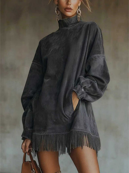 A High-Neck Dress for Women Featuring Fringes, a Loose Fit, Long Sleeves, And Pockets. This Bohemian-Style Skirt Is Perfect for The Relaxed Fashion of Autumn And Winter. It'S Great for Street Style, Holiday Trips