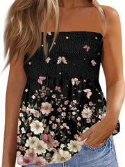 Women's Boho-Chic Smocked Ruffle Sleeve & Tube Top - Floral Print Strapless Bandeau Blouse with Flowy Hem, Lightweight Summer Beach Shirt in Soft Pink/Beige/White, Machine Washable Casual to Semi-Formal Outfits, Ruffled Neckline & Smocked Detailing, Relax